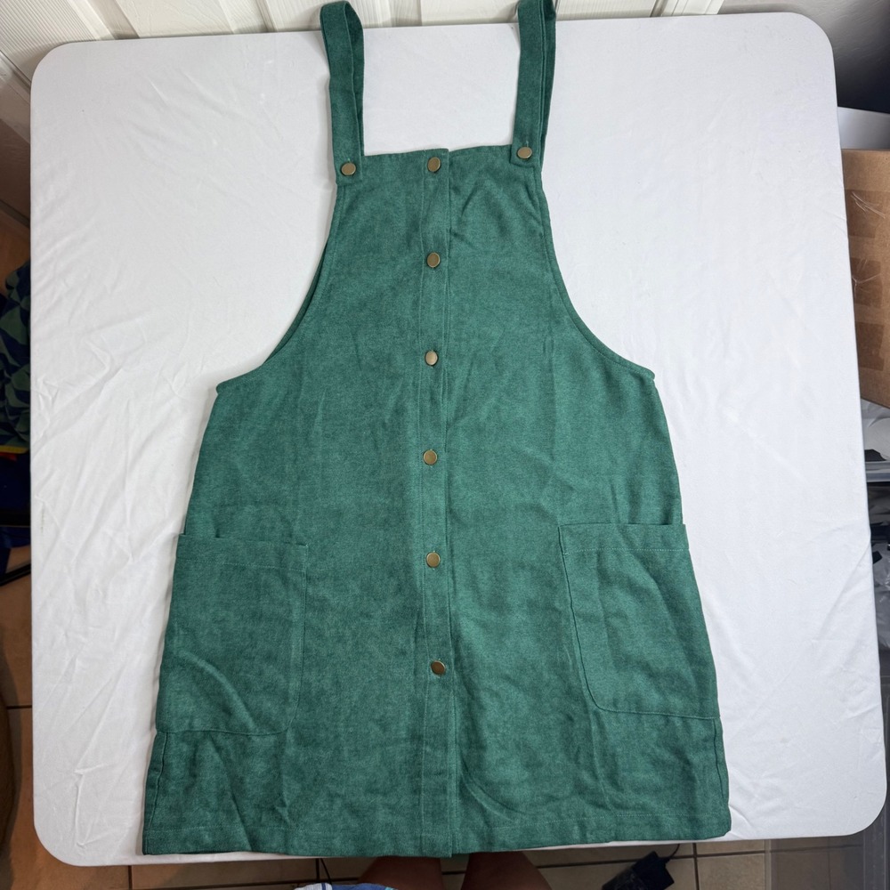 Forest Green Corduroy Texture Button Front Pinafore Jumper Dress Large